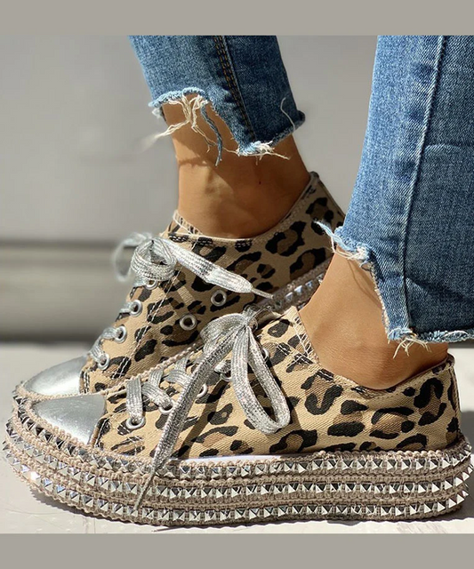 Women's White Boho Leopard Patchwork Flat Women's Shoes