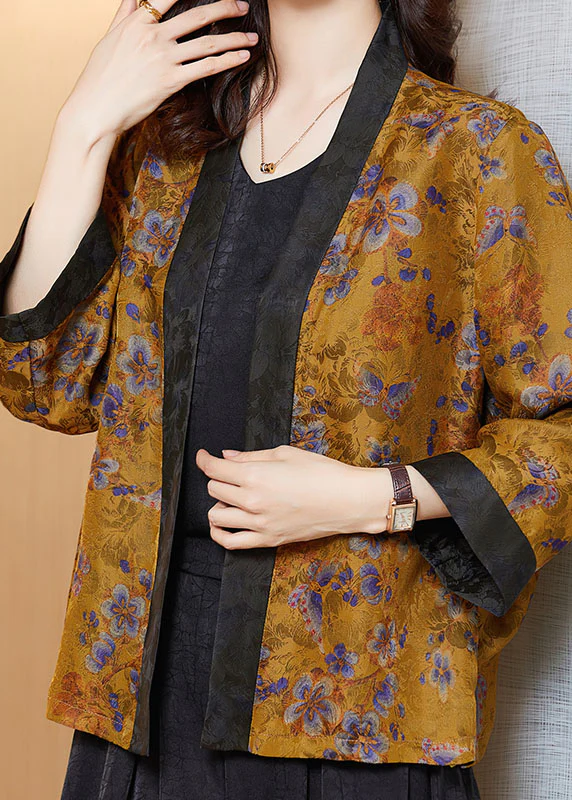 Yellow Printed Patchwork Silk Cardigan Coat