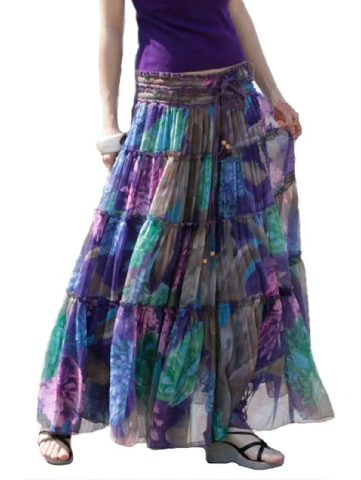 Floral Printed Drawstring Crinkle Cotton Hem Long Skirt