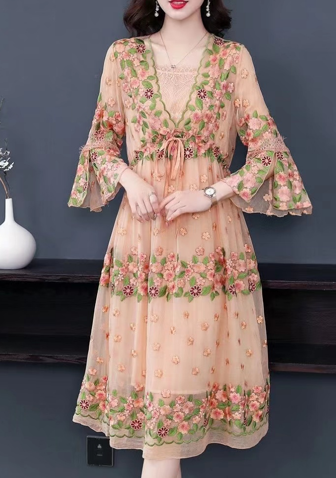 Embroidered Lace-Up Flared Sleeve Dress