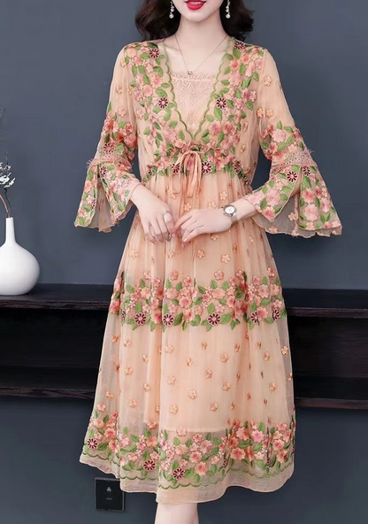 Embroidered Lace-Up Flared Sleeve Dress