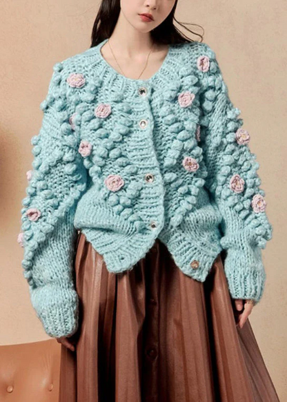 Women's Fashion Floral Blue O-Neck Button Down Cardigan