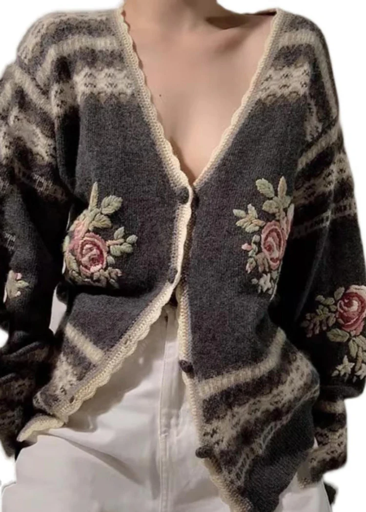 Women's Loose Embroidered Floral Knit Cardigan