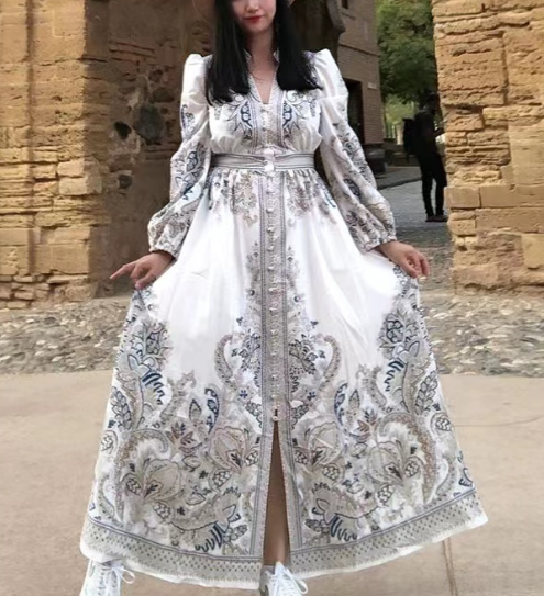 French Printed Button Up Long Sleeve Long Dresses