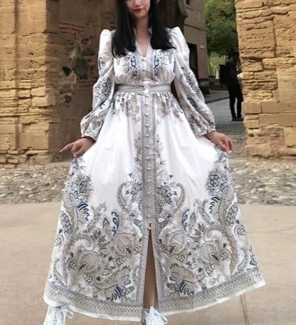 French Printed Button Up Long Sleeve Long Dresses
