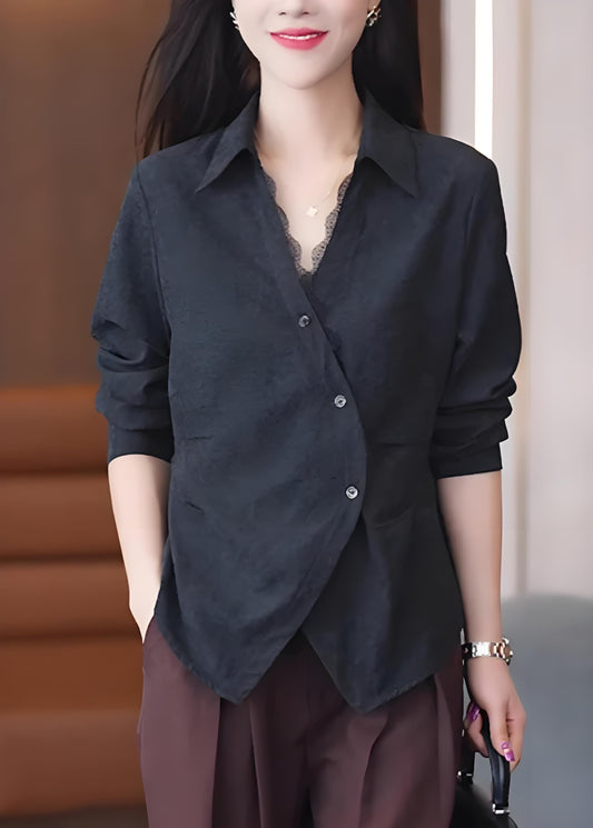 Women's Asymmetric Red Lace Patchwork Button Solid Shirt Spring