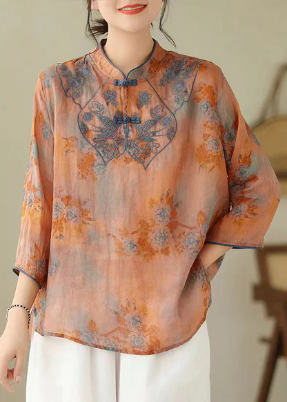 Loose Stand Collar Embroidered Printed Cotton Shirt Top