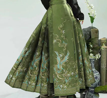 Italian Women's Pleated Printed Green Strappy Skirt