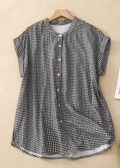 Women's Plus Size Standing Collar Plaid Button Down Cotton Shirt