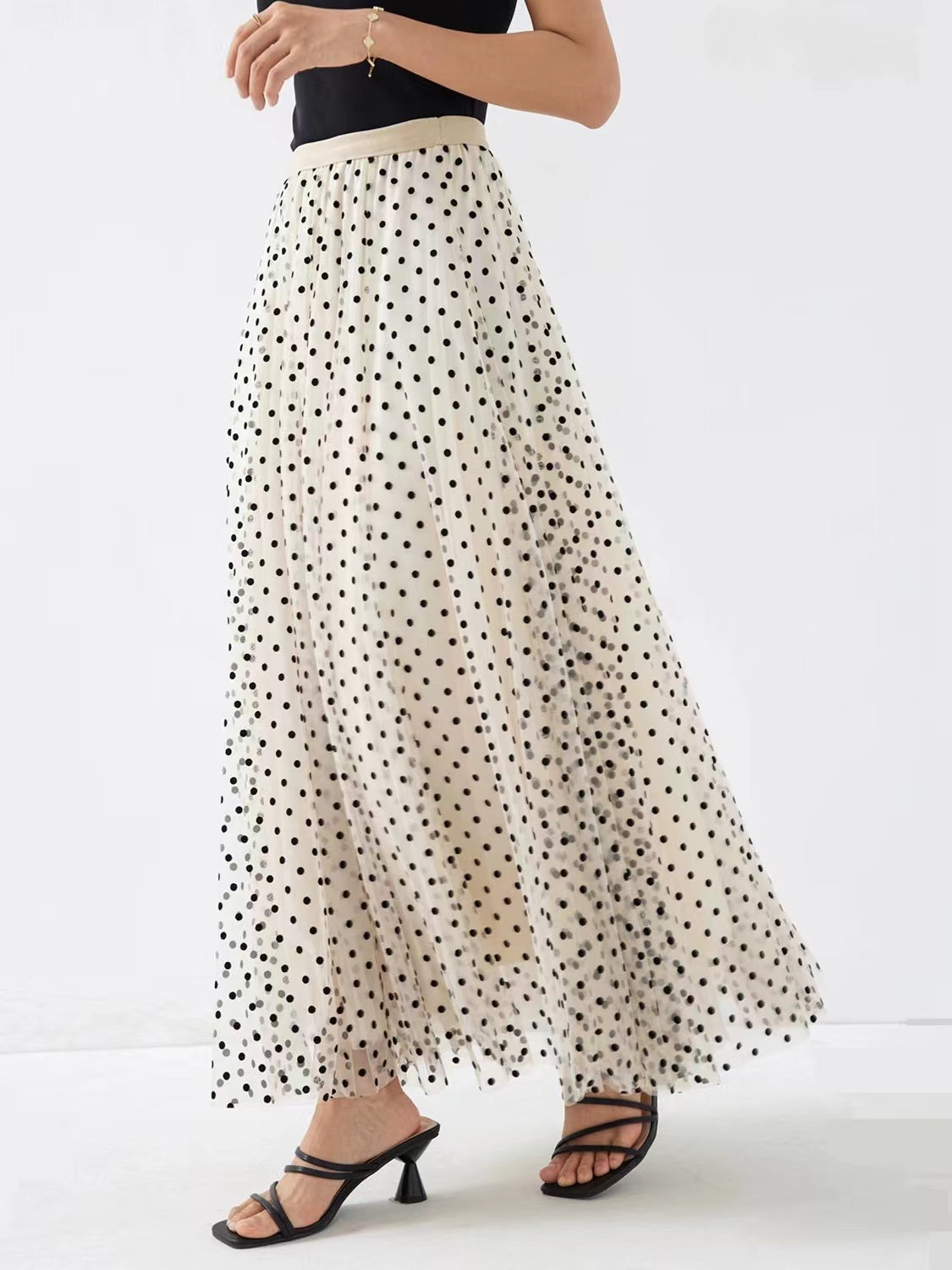 Elegant Printed Polka Dot High Waist Tulle A-Line Half-Body Skirt