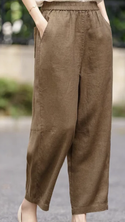 Red Mulberry Elastic Waistband Pocket Linen Haren Pants