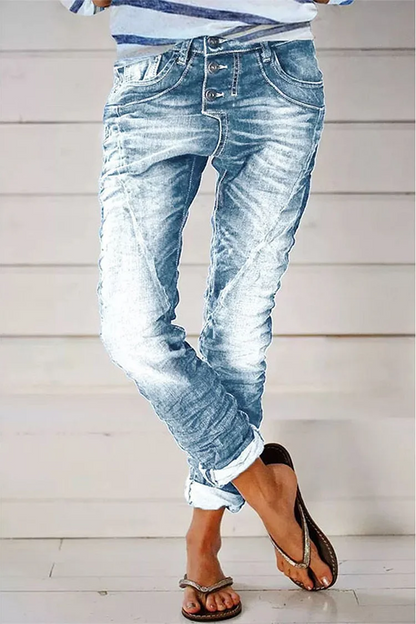 Organic denim street solid color distressed quilted high waisted jeans
