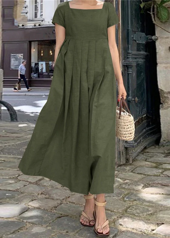 French Square Neck Wrinkled Cotton Short Sleeve Maxi Dress