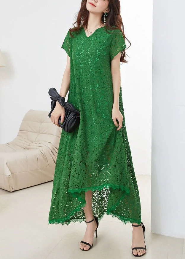 Italian Green V-Neck Cutout Lace Short Sleeve Dress