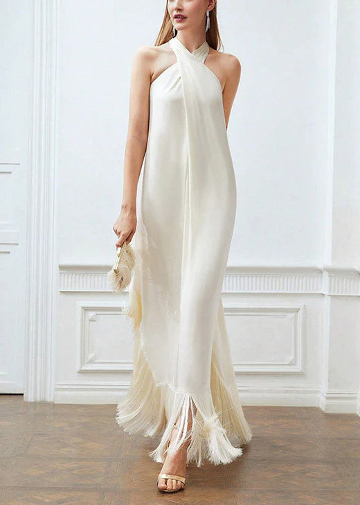 Women's Beige Fringed Strapless Sleeveless Dress Cocktail Dresses