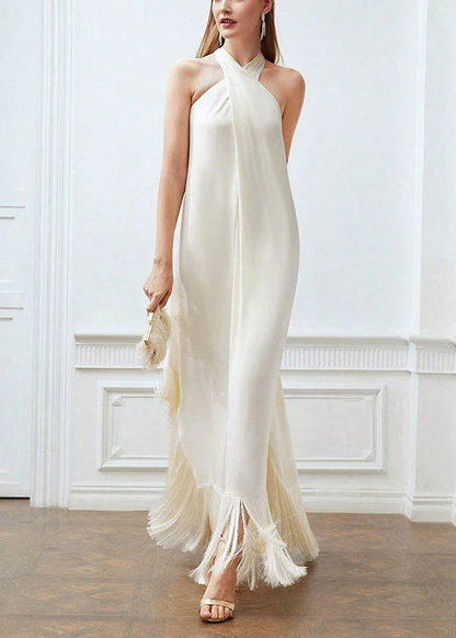 Women's Beige Fringed Strapless Sleeveless Dress Cocktail Dresses