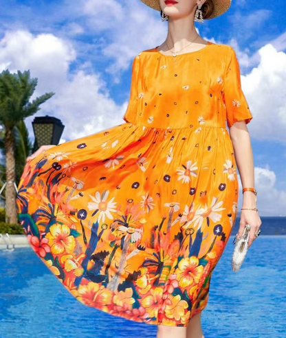 Elegant Round Neck Silk Printed Short Sleeve Hem Dress