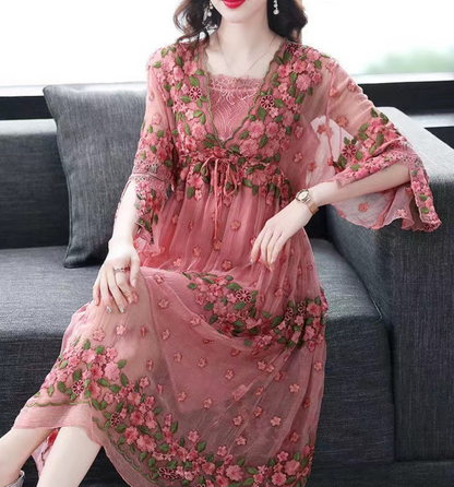 Embroidered Lace-Up Flared Sleeve Dress