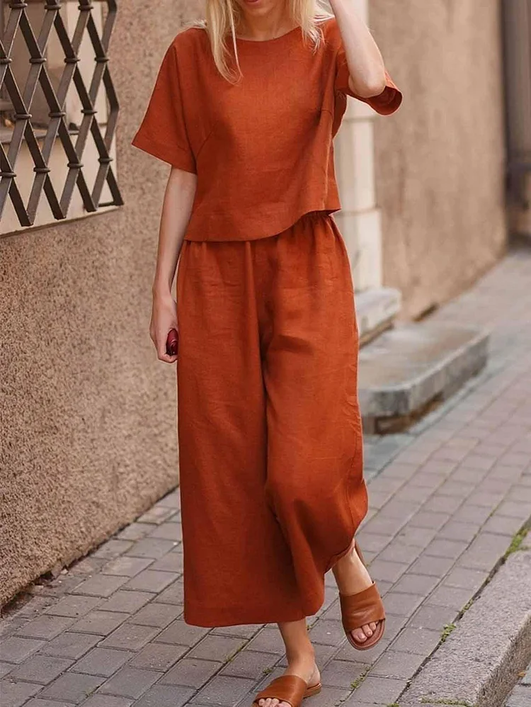 Women's Big Size Linen Casual Top and Wide Leg Pants Set Spring