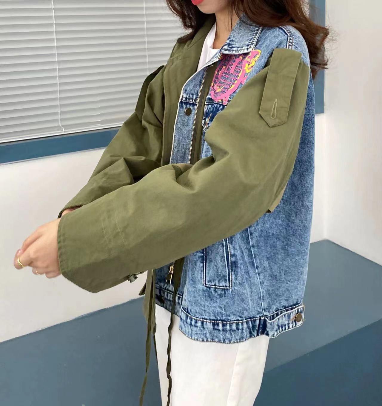 Fashion Patchwork Color Clash Embroidery Geometric Denim Jacket