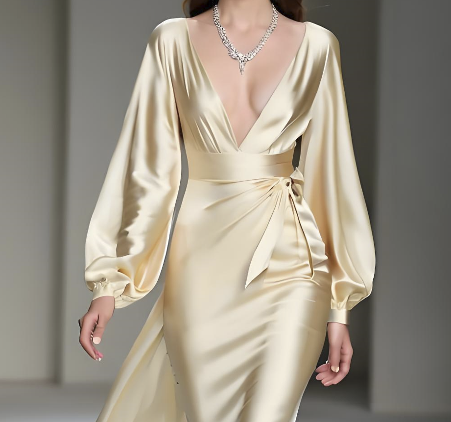 Women's Yellow Long Sleeve Silk Dress Spring Summer