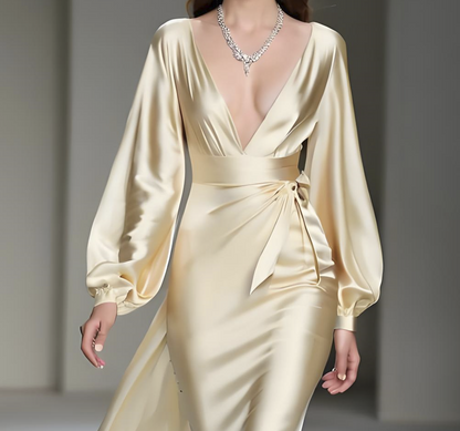 Women's Yellow Long Sleeve Silk Dress Spring Summer