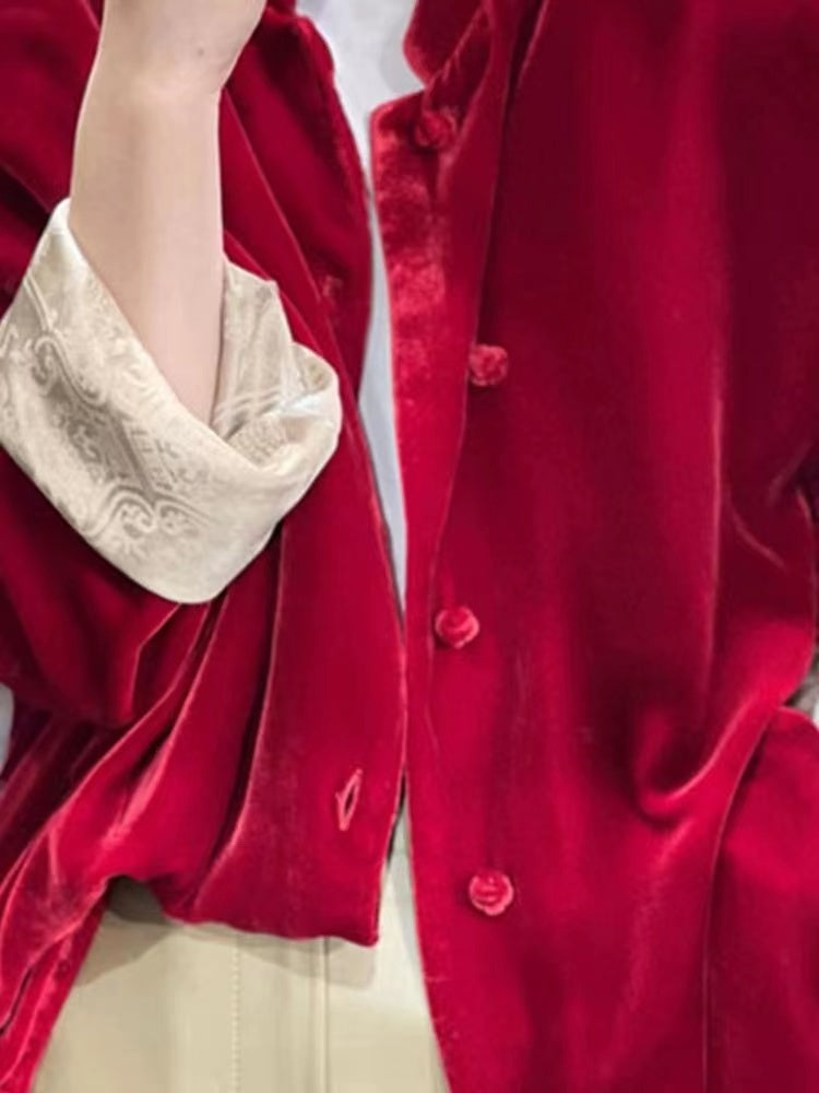 Emphasis Button Patchwork Velvet Thin Jacket