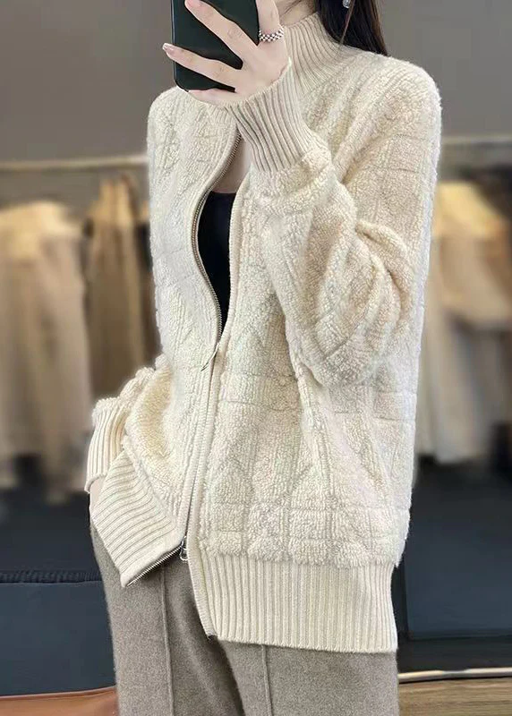 Casual Patchwork Wool Stand-up Collar Long Sleeve Sweater Jacket
