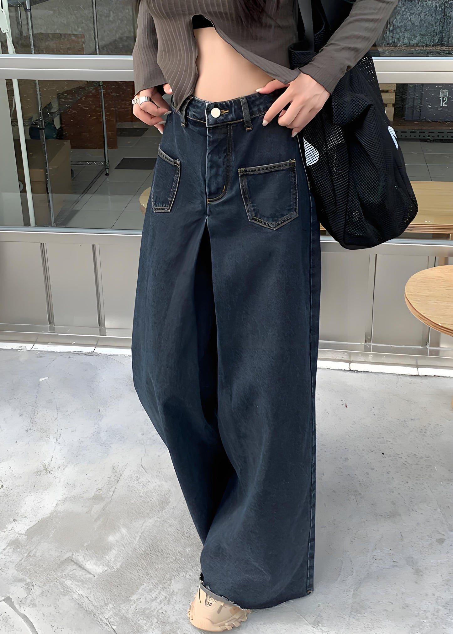 Women's Black Button Denim Wide Leg Pants Spring