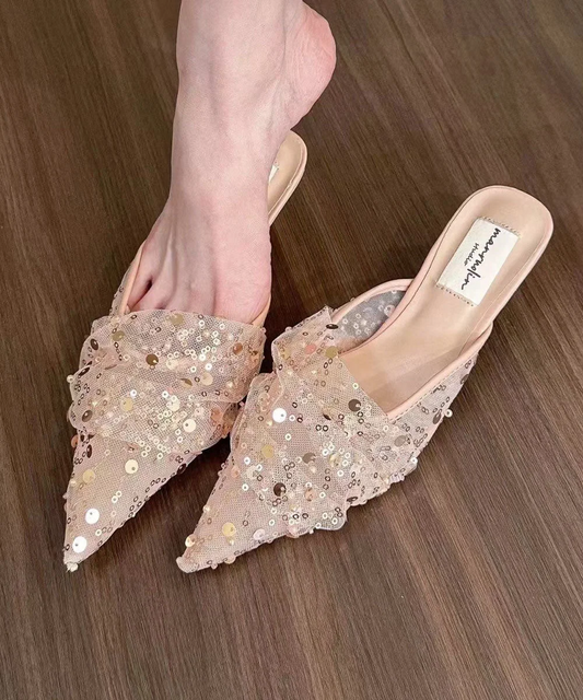 Women's Party Pink Tulle Sequin Pointed Toe Sandals