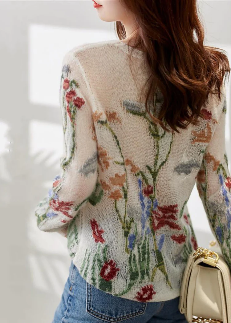 French O-Neck Floral Cutout Knit Sweater