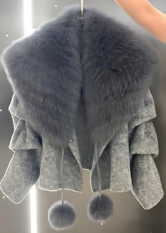 Women's Gray Hair Collar Pom Pom Trimmed Wool Coat