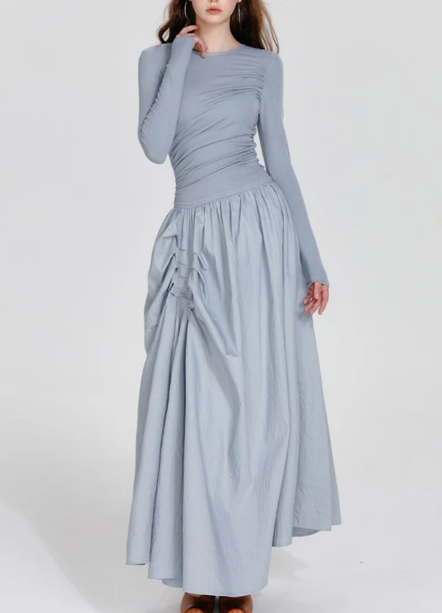 Women's Elegant Round Neck Asymmetric Pleated Long Sleeve Long Dresses