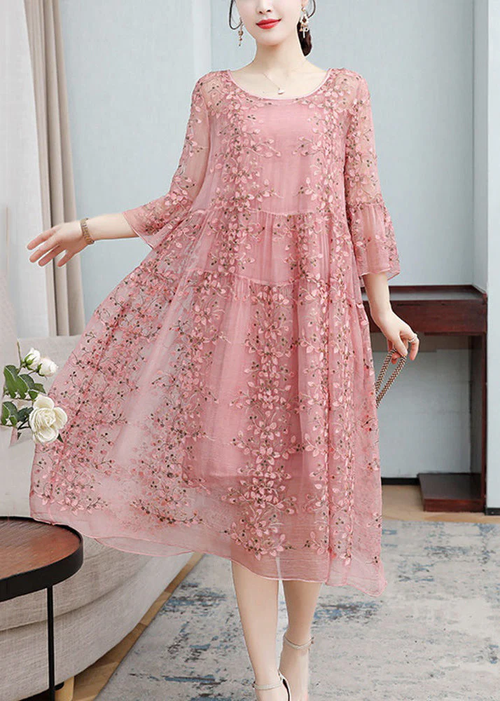 Women's Embroidered Ruffle Tie Dress Flared Sleeve