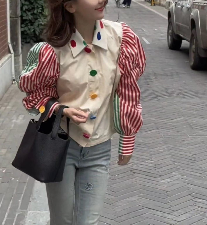 French Lapel Colorblocked Striped Shirt Top