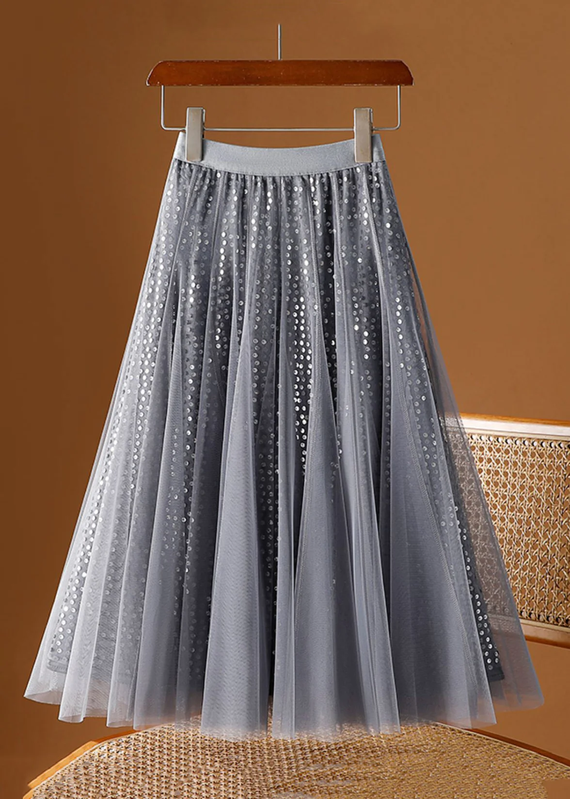Women's Coffee Sequin Tulle Half-body Dress Spring