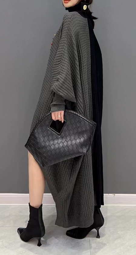Big Silhouette Knit Sweater Dress High Neck Asymmetric Bat Sleeve