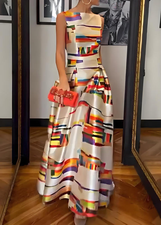 Women's Plus Size White Printed High Waist Silk Sleeveless Long Dress Cocktail Dresses