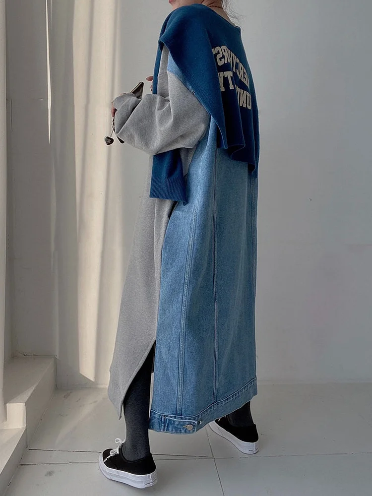 Women's Big Size Fashion Letter Printed Denim Patchwork Long Sleeve Sweatshirt Dress Spring
