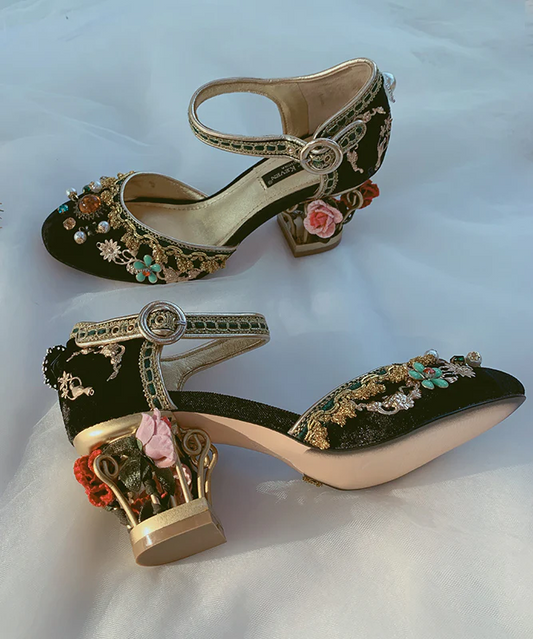 Court Style Zirconia Flower Black Buckle Strap Heels