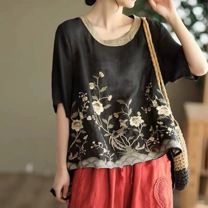 Vintage Embroidery Round Neck Color Clash Linen Short Sleeve Shirt Top
