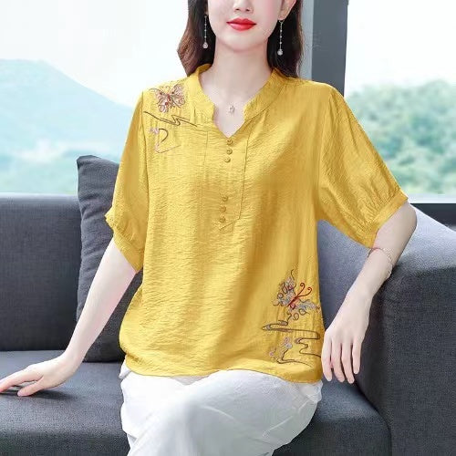 Loose Standing Collar Embroidered Button Cotton Short Sleeve Shirt Top