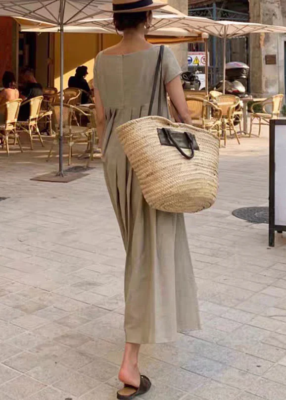 French Square Neck Wrinkled Cotton Short Sleeve Maxi Dress