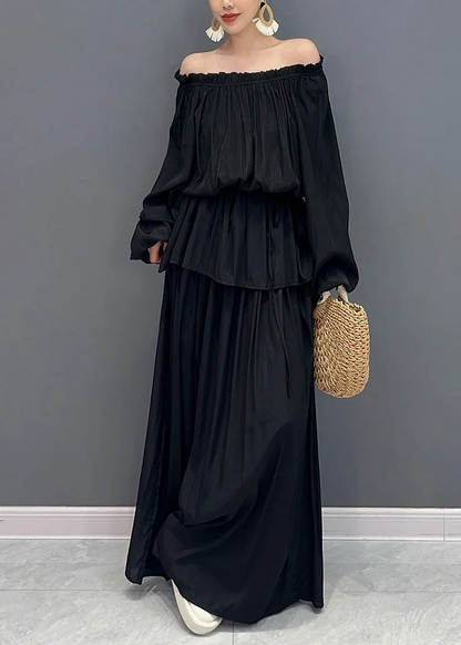 Women's French Black Slant Neck Ruffle Two Piece Set Lantern Sleeve Spring Summer