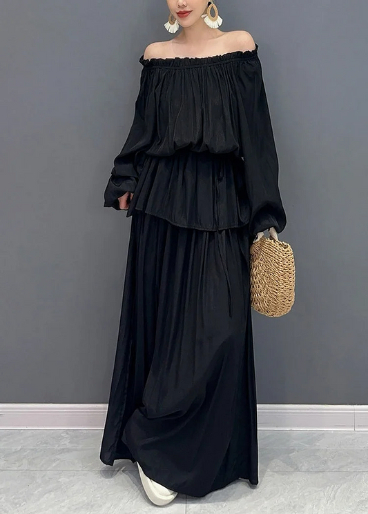 Women's French Black Slant Neck Ruffle Two Piece Set Lantern Sleeve Spring Summer