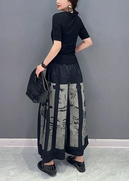 Style Black Elastic Waist Pocket Printed Cotton Wide Leg Pants Spring