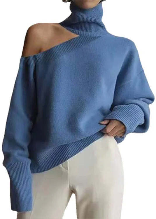Women's Leopard Print High Neck Off Shoulder Cozy Knit Sweater Fall