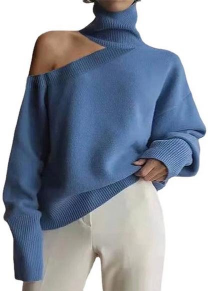 Women's Leopard Print High Neck Off Shoulder Cozy Knit Sweater Fall