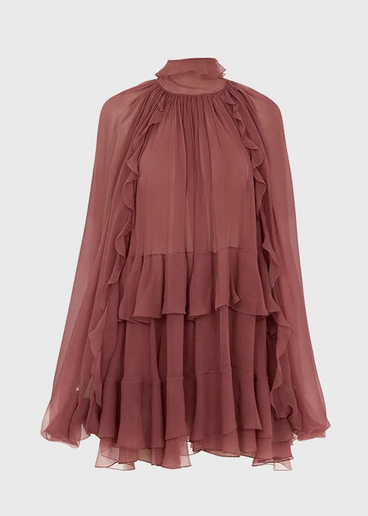 Women's Bohemian Brick Red Ruffle Patchwork Chiffon Blouse Top