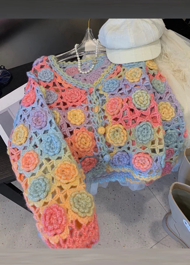 Women's Rainbow V-Neck Cutout Knit Sweater Winter